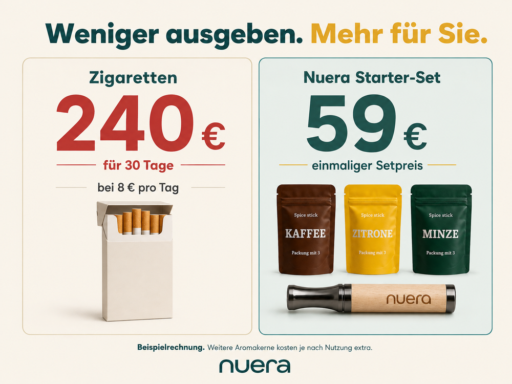 Kostenvergleich: 59 Euro Starter-Set und 240 Euro für 30 Tage Zigaretten bei 8 Euro am Tag